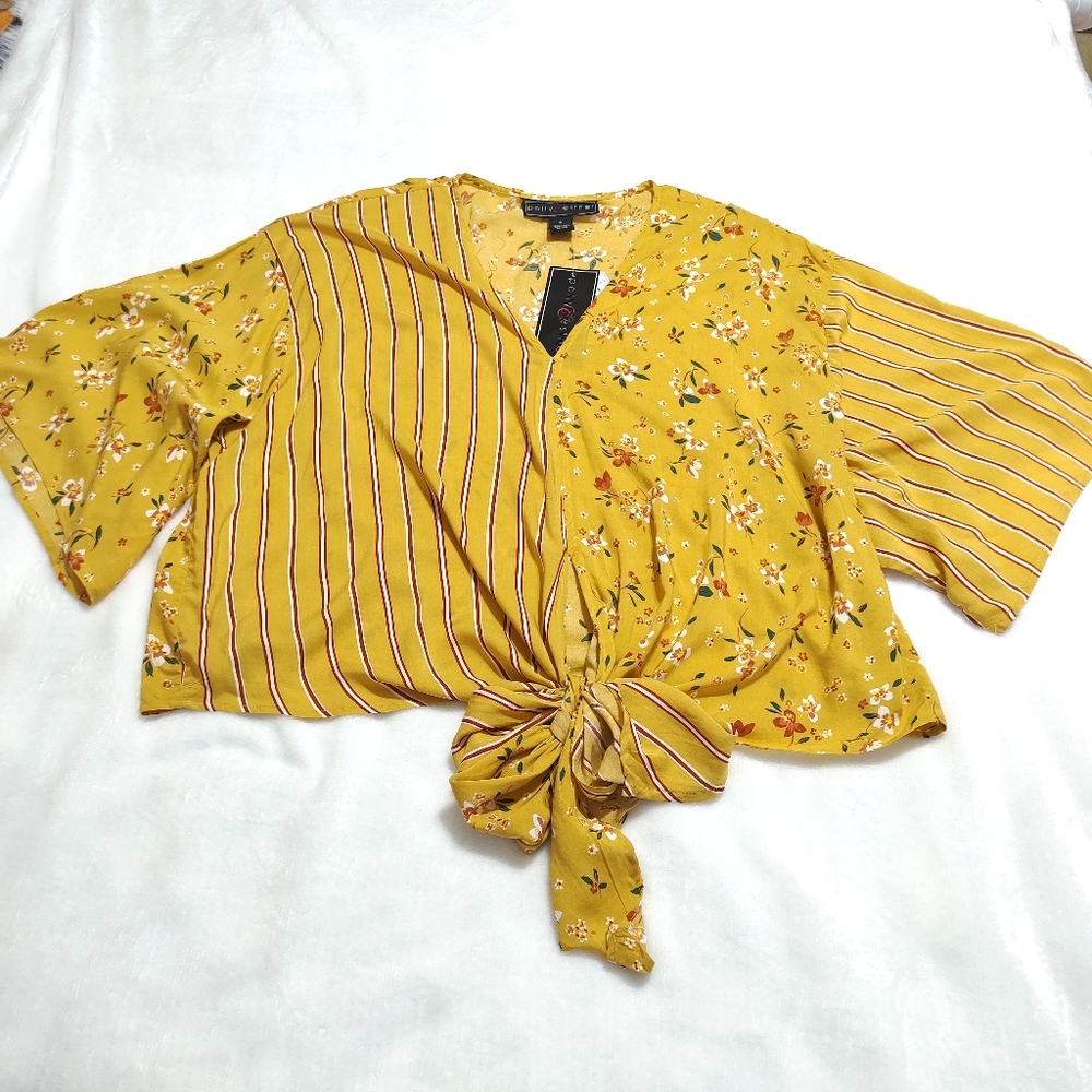 Polly&Esther XL Yellow Floral Striped Blouse Top Knot Flowy Summer Spring Light